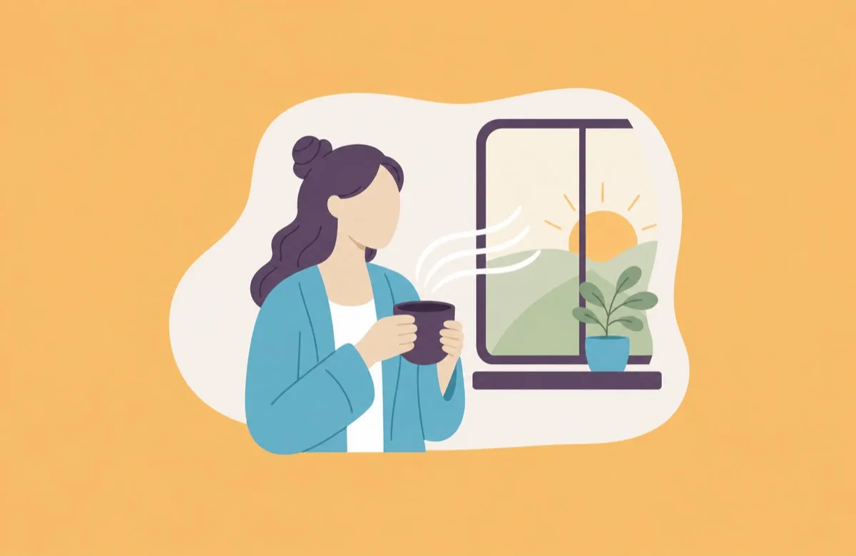 Woman enjoying a quiet morning beside a sunrise window